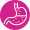 Stomach icon depicted in white against a pink circular background. The stomach is shown with dots indicating contents or an internal view.